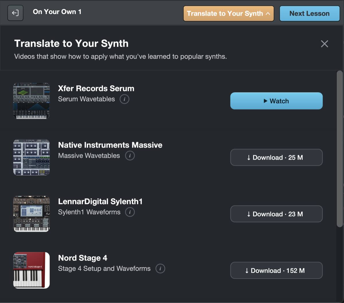 The Translate to Your Synth panel in a Syntorial lesson, listing videos for Serum, Massive, Sylenth1 and Nord Stage 4